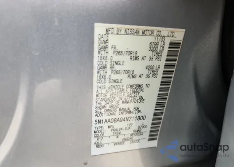 2004 Nissan Armada Se из США, поврежденный, VIN 5N1AA08A94N711800